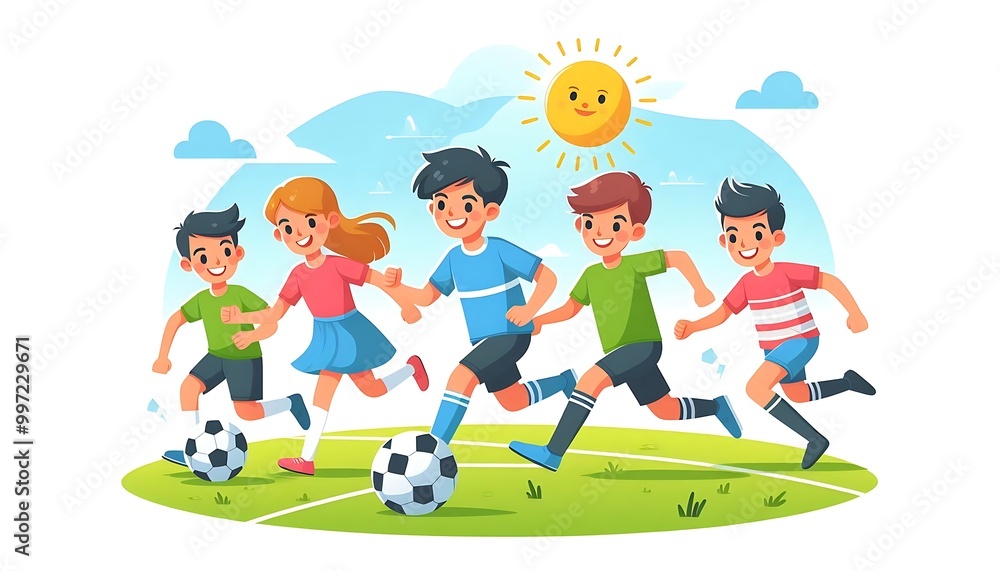 group of kids playing soccer on a sunny day flat design group of kids playing soccer on a sunny day flat design