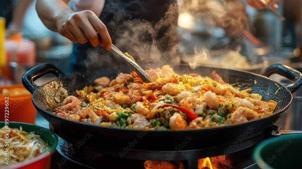 Street food being prepared by a vendor, bustling market, vibrant atmosphere, sharp focus, bright lighting Street food being prepared by a vendor, bustling market, vibrant atmosphere, sharp focus, bright lighting
