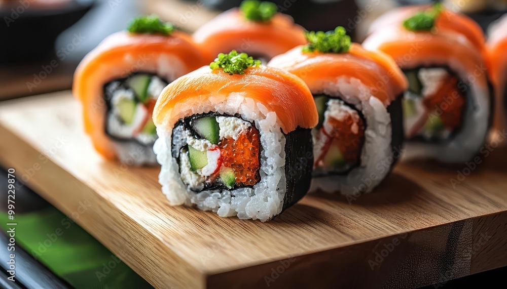 Sushi rolls with fresh ingredients, placed on a traditional wooden board, vibrant colors, sharp focus, bright lighting Sushi rolls with fresh ingredients, placed on a traditional wooden board, vibrant colors, sharp focus, bright lighting