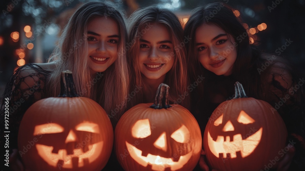 Girls Celebrating Halloween with Pumpkins and Costumes Girls Celebrating Halloween with Pumpkins and Costumes