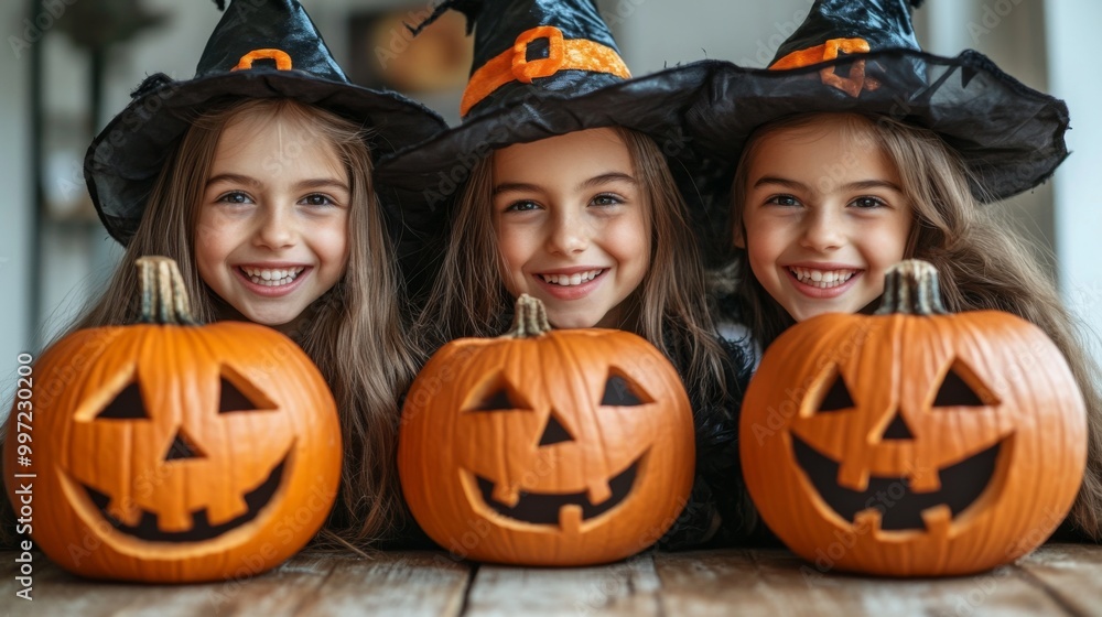 Girls Celebrating Halloween with Pumpkins and Costumes Girls Celebrating Halloween with Pumpkins and Costumes