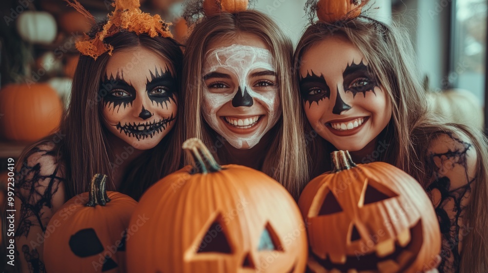 Girls Celebrating Halloween with Pumpkins and Costumes Girls Celebrating Halloween with Pumpkins and Costumes