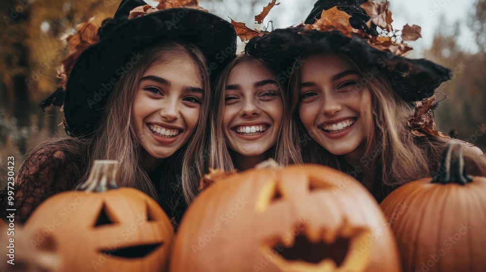 Girls Celebrating Halloween with Pumpkins and Costumes Girls Celebrating Halloween with Pumpkins and Costumes