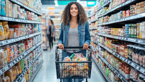 A smiling woman shopping in a grocery store, with a merchandise in her hand on an aisle filled with packaged goods. 