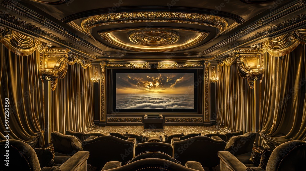 Fototapeta premium A sumptuous home theater with velvet seating, gold trimmings, and a massive screen framed by thick, luxurious drapes Ambient lighting sets the mood