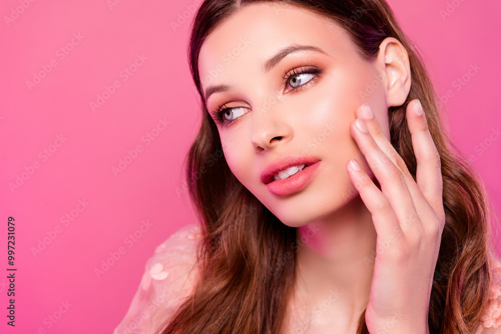 Close up photo of lovely pretty chic lady enjoy professional make up empty space isolated on pink color background Close up photo of lovely pretty chic lady enjoy professional make up empty space isolated on pink color background