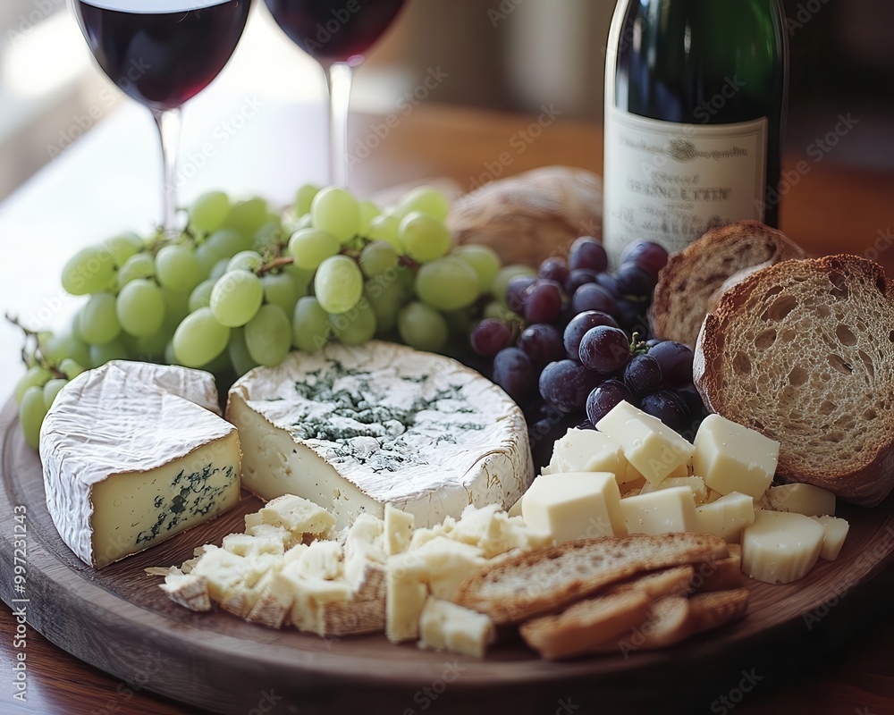 Wine and cheese platter with grapes, artisan bread, and a variety of cheeses, elegant setting, soft lighting, sharp focus Wine and cheese platter with grapes, artisan bread, and a variety of cheeses, elegant setting, soft lighting, sharp focus