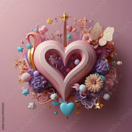 A lively and imaginative 3D composition with soft, pink cursive text. At the center, a cloud-shaped base is intricately decorated with heart-shaped objects photo