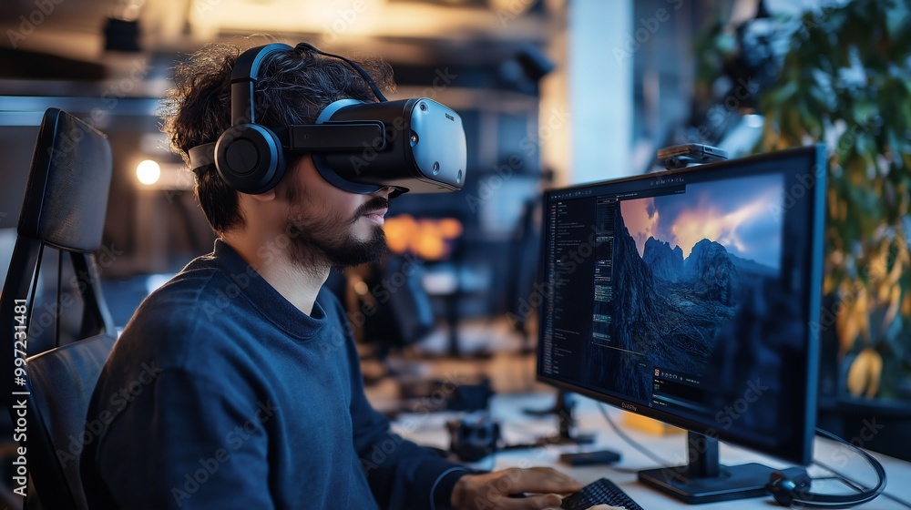 Creative Professional Immersed in VR Headset Crafting Creative Professional Immersed in VR Headset Crafting