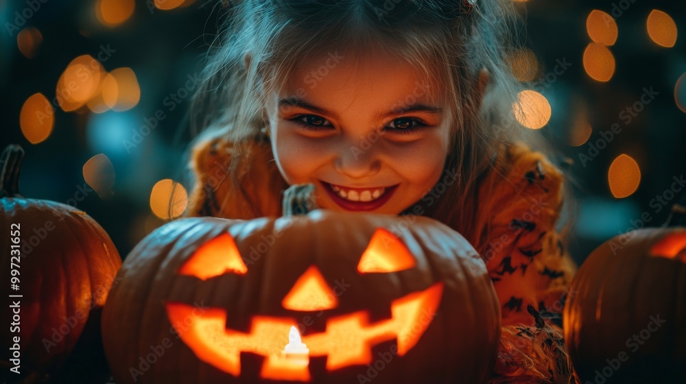 Naklejka premium Girls Celebrating Halloween with Pumpkins and Costumes