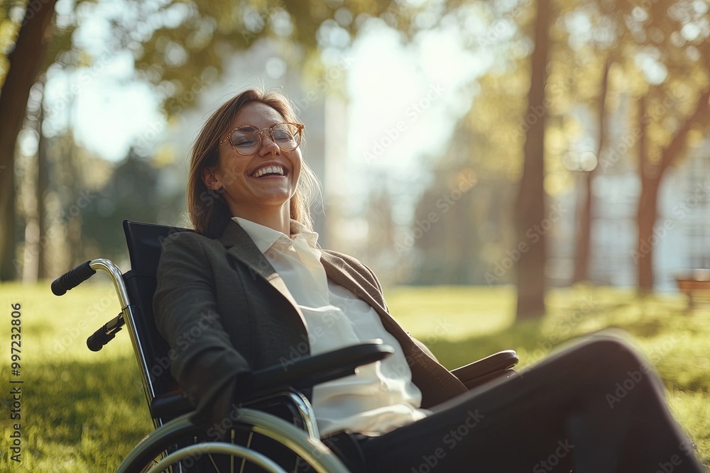 Woman in a Wheelchair Enjoying a Sunny Day in a Park, Smiling and Relaxing Among Trees and Greenery Woman in a Wheelchair Enjoying a Sunny Day in a Park, Smiling and Relaxing Among Trees and Greenery
