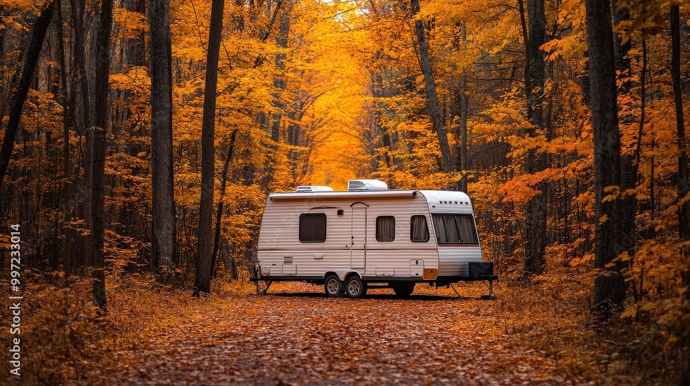 Travel trailer parked in an autumn forest surrounded by orange and yellow leaves Travel trailer parked in an autumn forest surrounded by orange and yellow leaves