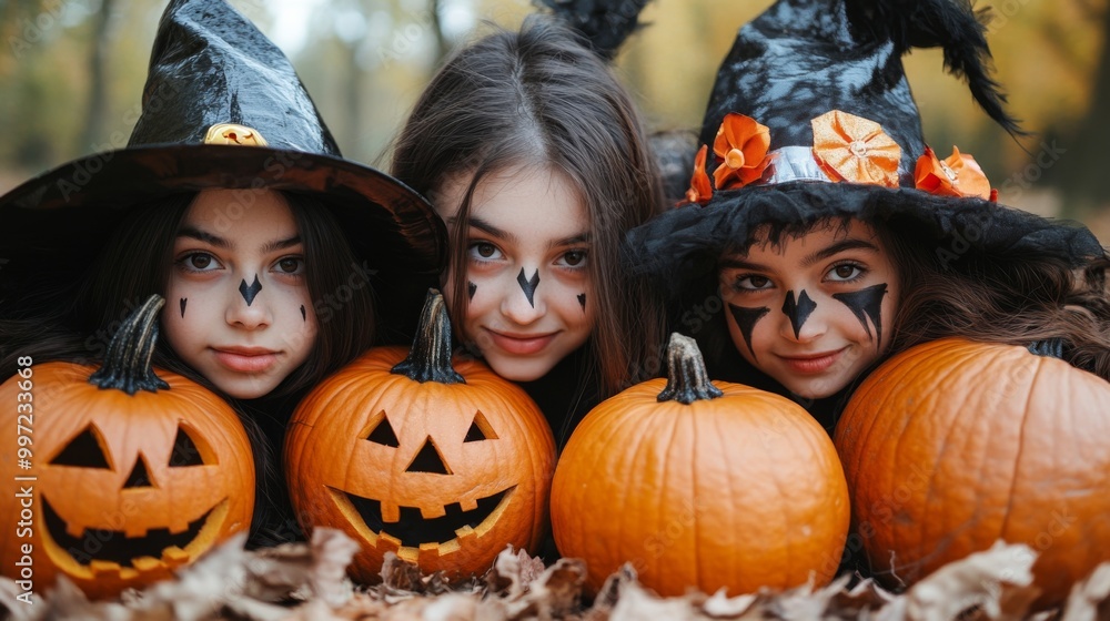 Girls Celebrating Halloween with Pumpkins and Costumes Girls Celebrating Halloween with Pumpkins and Costumes