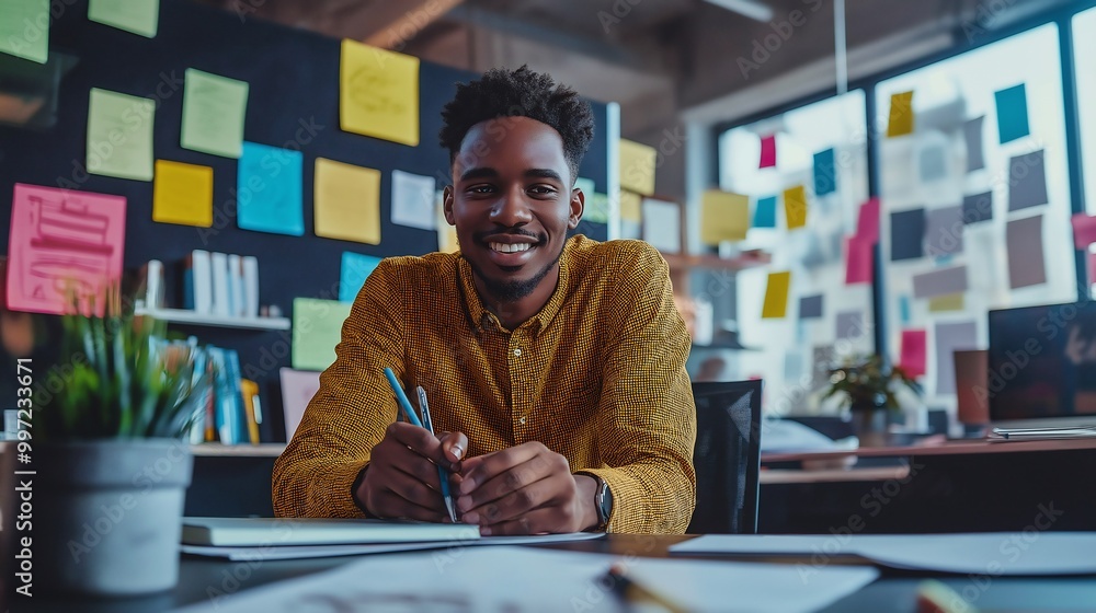 Young Professional Sketching Innovative Ideas in Modern Office Young Professional Sketching Innovative Ideas in Modern Office