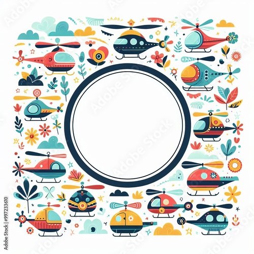 Bright round frame with helicopters in cartoon flat style. Cute decorative border for children