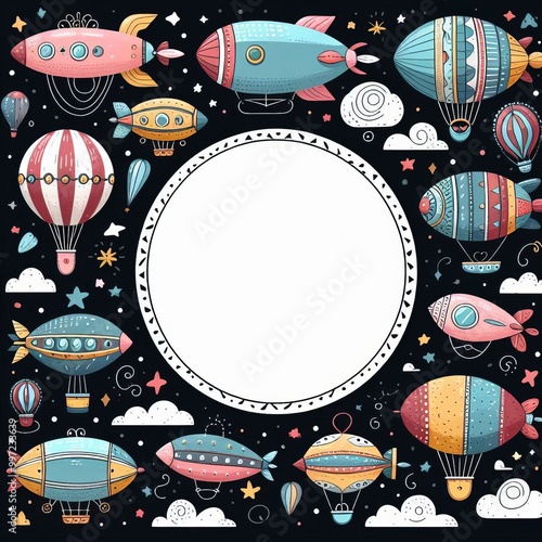 Creative frame with flying machines in children style. Airships, zeppelins, balloons