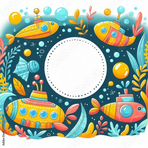 Cute decorative frame with submarines. Border for children's design, announcements, posters