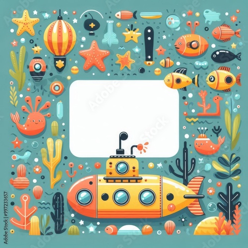 Cute decorative frame with submarines. Border for children's design, announcements, posters
