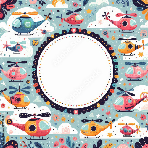 Bright round frame with helicopters in cartoon flat style. Cute decorative border for children