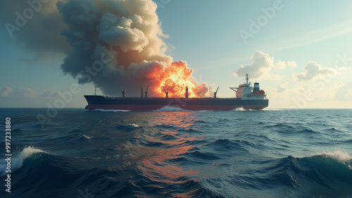 Sunset Silhouettes Burning Cargo Ship in Dramatic Seascape