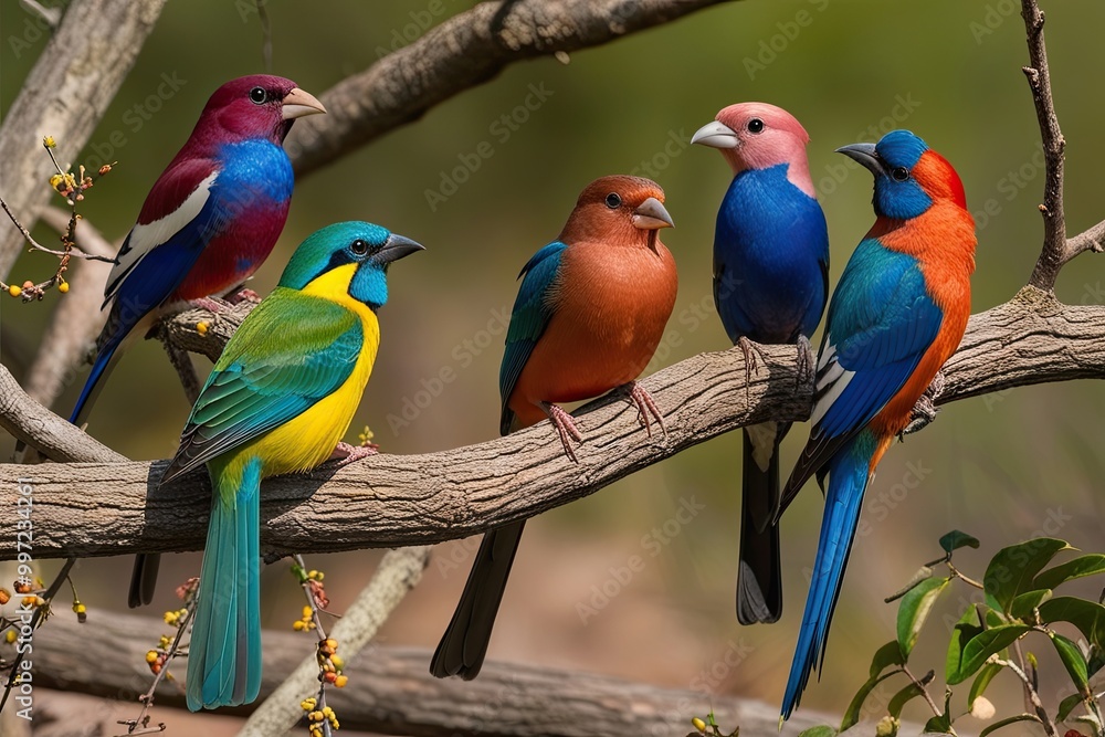 Obraz premium Vibrant Birds Resting on Branches in Natural Wildlife Habitat