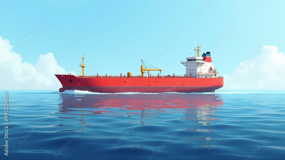Red cargo ship on calm blue sea with copy space Red cargo ship on calm blue sea with copy space