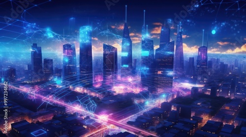 Futuristic Cityscape with Networked Towers