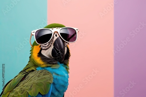 Vibrant Parrot in Stylish Sunglasses Against Colorful Pastel Background photo