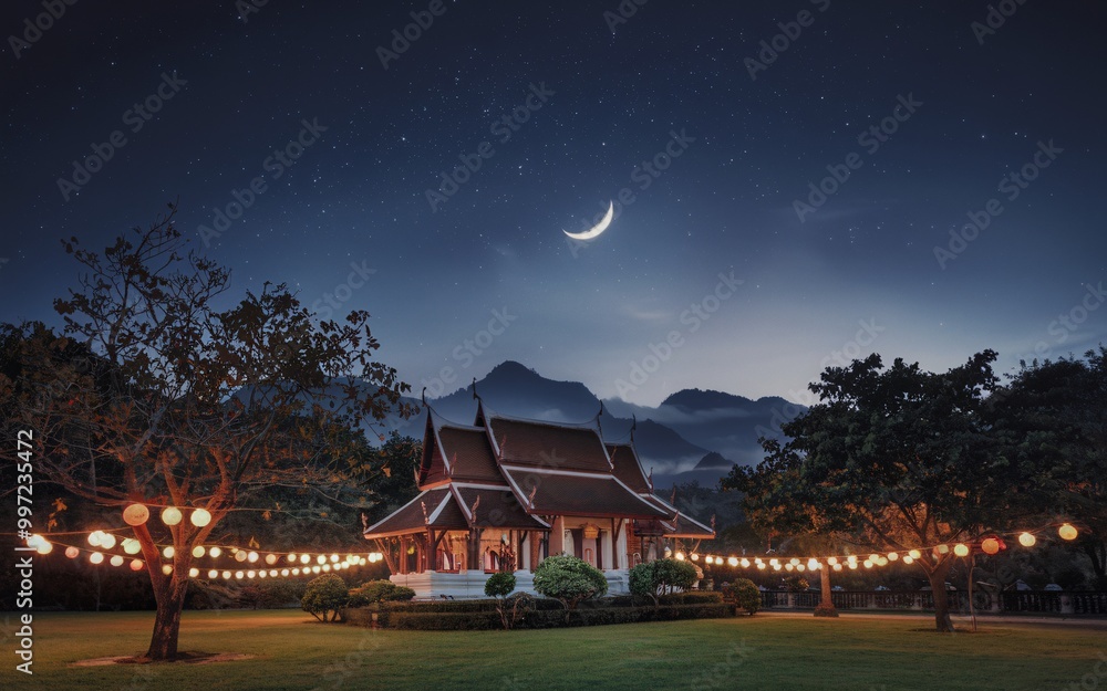 Traditional Asian temple with lights at night under crescent moon and stars. Traditional Asian temple with lights at night under crescent moon and stars.
