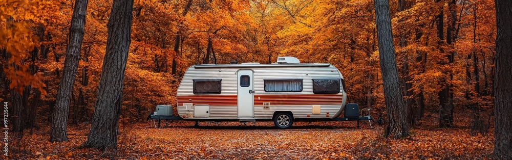 Travel trailer parked in an autumn forest surrounded by orange and yellow leaves Travel trailer parked in an autumn forest surrounded by orange and yellow leaves