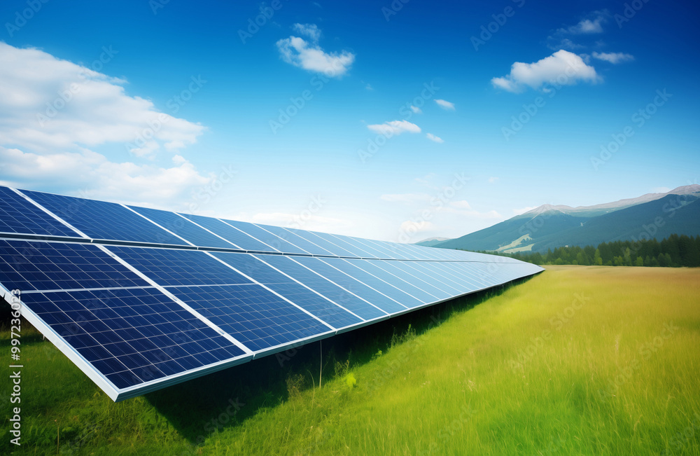 The solar panels are located on green fields against the background of mountains under a blue sky. The solar panels are located on green fields against the background of mountains under a blue sky.