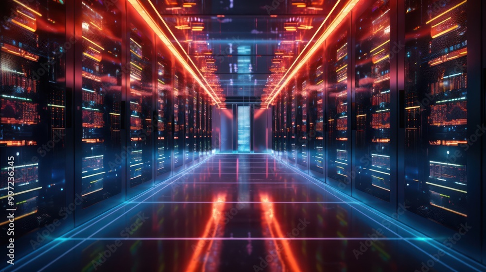 Neon Lit Server Room Corridor Neon Lit Server Room Corridor