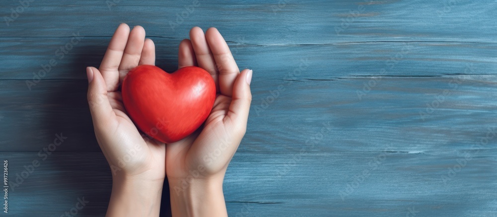Red Heart Held in Two Hands on Blue Wood Red Heart Held in Two Hands on Blue Wood