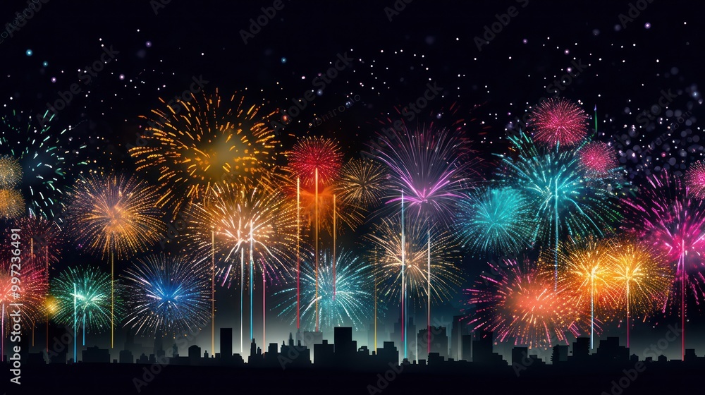 Fireworks Display Over City Skyline Fireworks Display Over City Skyline