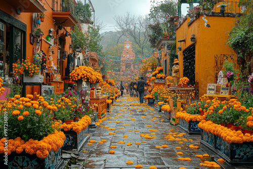 A street lined with altars and marigolds as people prepare for the Day of the Dead celebration, creating a vibrant and spiritual atmosphere.