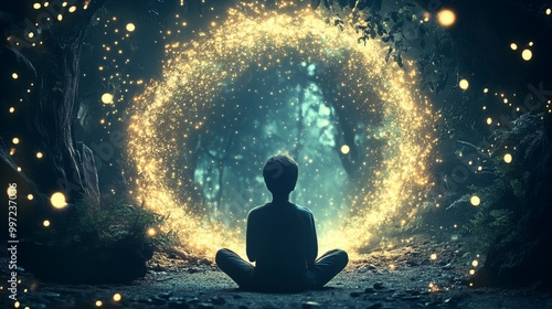 In a mystical woodland, a person meditates before a vibrant, glowing circular portal, surrounded by fireflies, embodying tranquility and magic in a serene natural setting.