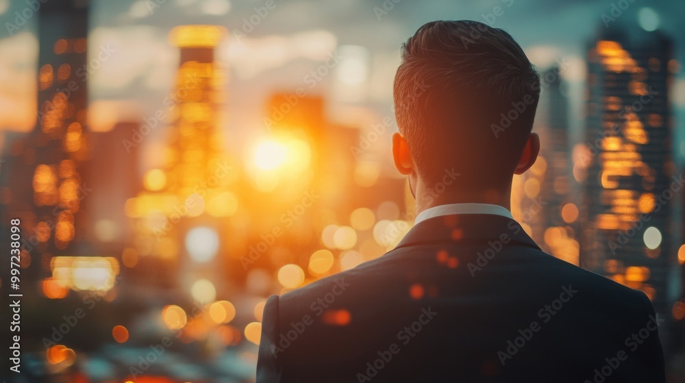 Unrecognizable businessman looking at a blurry modern city skyline at sunset Unrecognizable businessman looking at a blurry modern city skyline at sunset