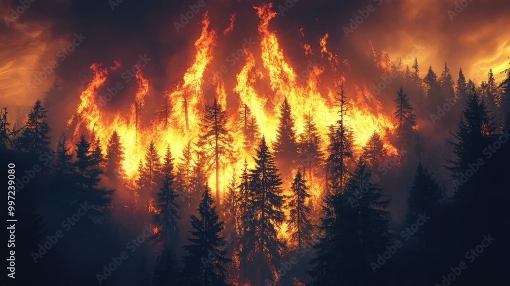 The image depicts a massive wildfire consuming a dense forest, with towering flames and heavy smoke creating a dramatic and intense natural disaster scene. The image depicts a massive wildfire consuming a dense forest, with towering flames and heavy smoke creating a dramatic and intense natural disaster scene.