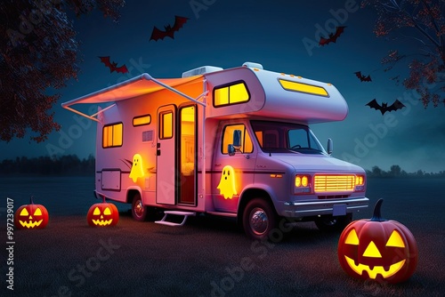 Spooky Halloween 3D Render of Haunted RV with Glowing Ghosts and Flying Bats