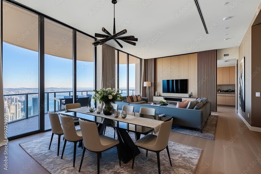 Fototapeta premium Stylish Apartment Design with Expansive Dining Area and Open Living Room Showcasing Stunning Panoramic Views