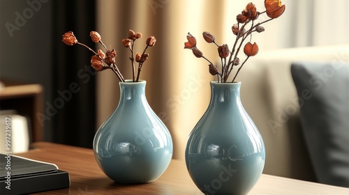 This image features two elegant blue vases with dried flowers artfully arranged on a wooden table, creating a serene and minimalist home decor scene. photo