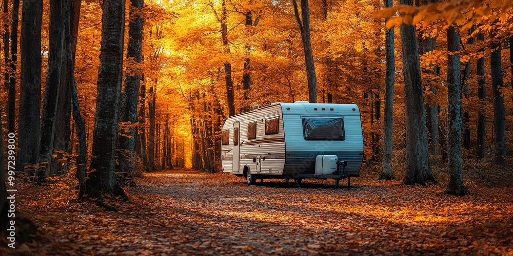 Travel trailer parked in an autumn forest surrounded by orange and yellow leaves Travel trailer parked in an autumn forest surrounded by orange and yellow leaves