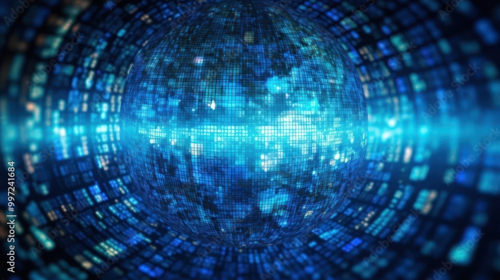 Abstract Digital Sphere in a Blue Pixelated World Abstract Digital Sphere in a Blue Pixelated World