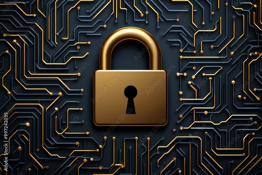 Golden padlock on a black circuit board pattern symbolizing encryption data security and protection in a tech driven high tech design Golden padlock on a black circuit board pattern symbolizing encryption data security and protection in a tech driven high tech design