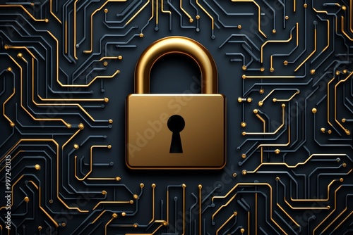 Wallpaper Mural Golden padlock on a black circuit board pattern symbolizing encryption data security and protection in a tech driven high tech design Torontodigital.ca
