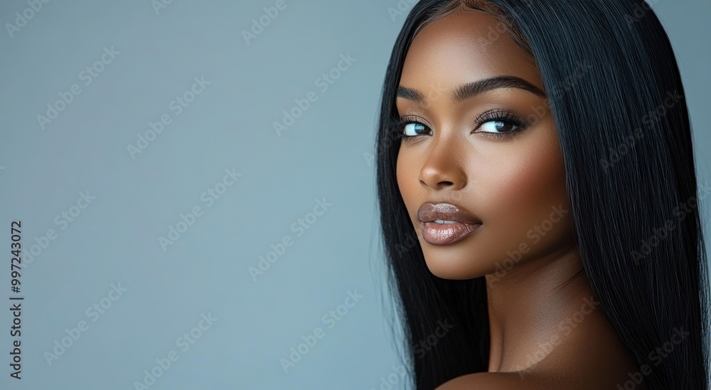 A close-up portrait of a beautiful black woman with long shiny hair and make-up . Haircare, beauty and cosmetics concept. A close-up portrait of a beautiful black woman with long shiny hair and make-up . Haircare, beauty and cosmetics concept.
