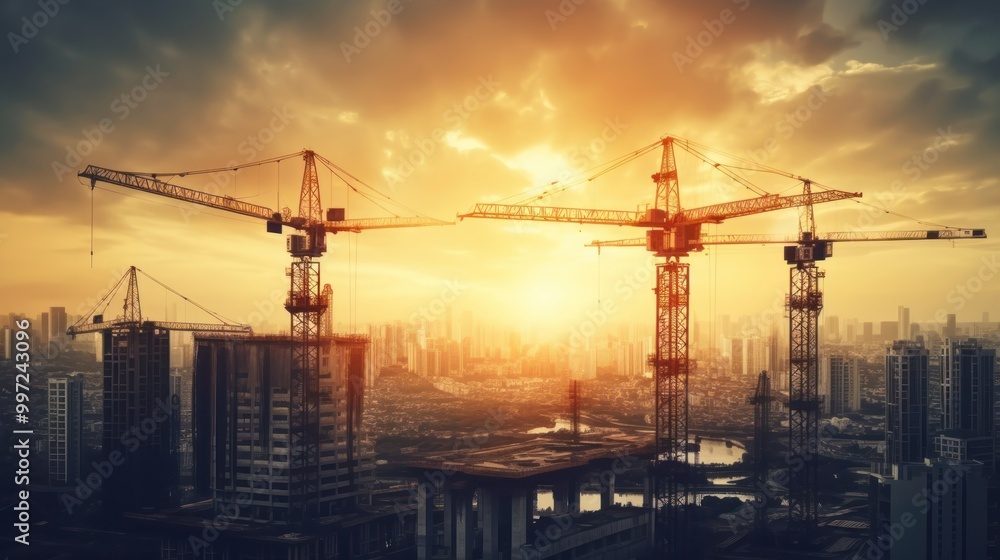 A construction site bustling with activity, cranes towering overhead, symbolizing progress and development A construction site bustling with activity, cranes towering overhead, symbolizing progress and development