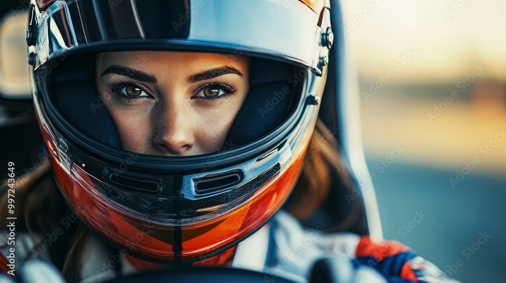 A determined female race car driver sits in a high-performance vehicle, holding the steering wheel firmly. She wears a complete racing suit and helmet, showcasing her readiness to race on the track A determined female race car driver sits in a high-performance vehicle, holding the steering wheel firmly. She wears a complete racing suit and helmet, showcasing her readiness to race on the track