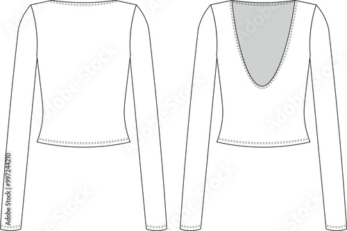 long sleeve round neck back low cut cutout backless fit elastic blouse top sweaatwear template technical drawing flat sketch cad mockup fashion woman design style model
