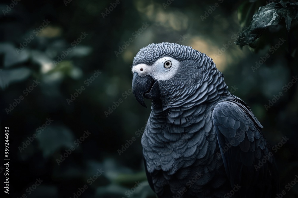 Obraz premium African Grey Parrot in a Lush Forest Setting with Somber Atmosphere